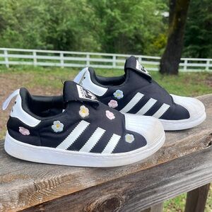 adidas Black & White Slip-On Sneakers with Pastel Flower Accents